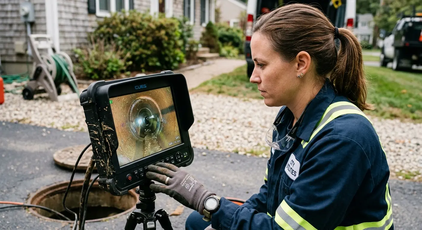 Technician reviewing sewer camera inspection footage in Morton Grove