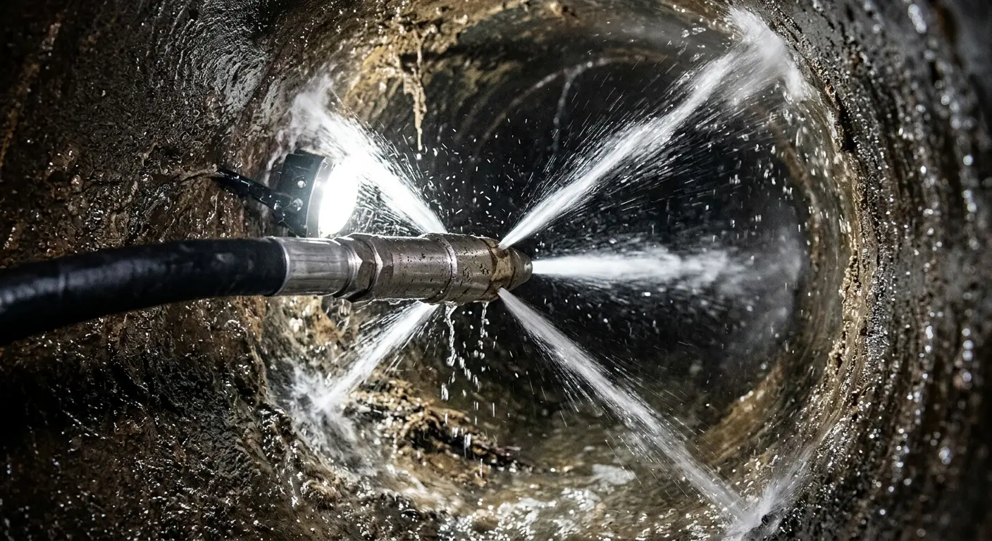 High-pressure hydro jetting nozzle cleaning sewer pipe for Emergency Drain Service in Morton Grove