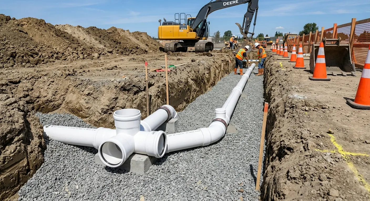 New PVC sewer pipe installation in open trench for Commercial Drain Cleaning in Morton Grove