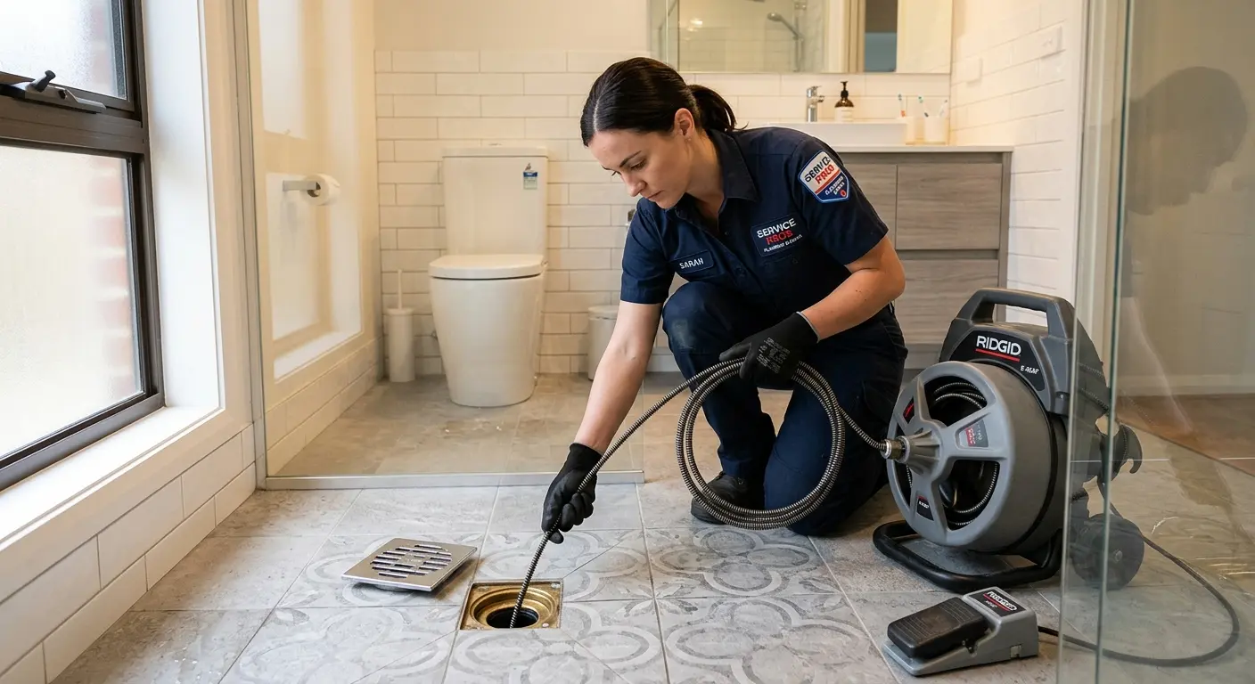Technician clearing a bathroom floor drain for Sewer Line Replacement in Morton Grove